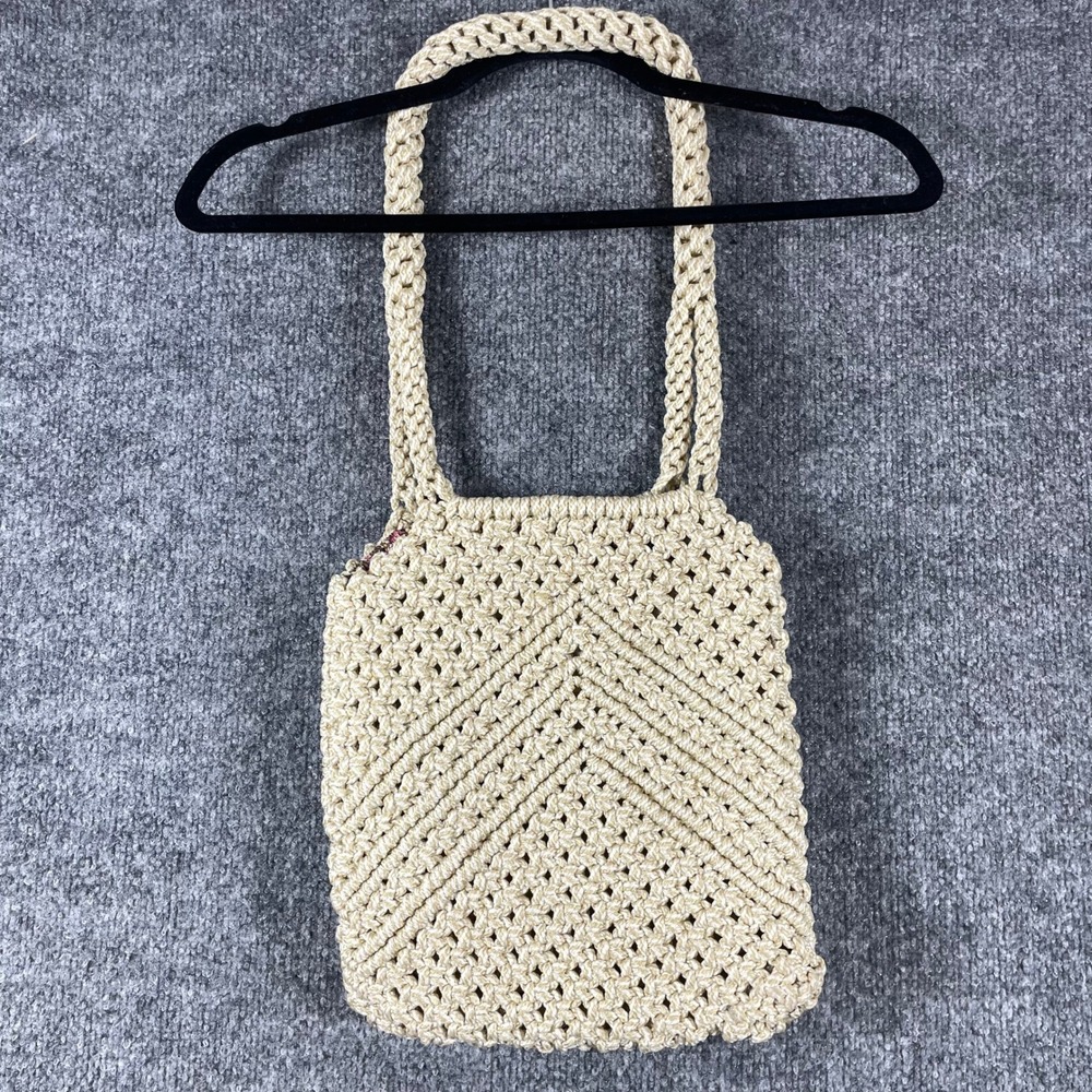 VTG Handmade Macrame Shoulder Bag Womens Medium Beige Boho Floral Lined Tote